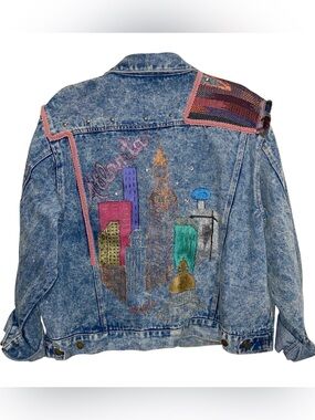 Custom Denim Jacket Womens Large Hand Painted Atlanta Georgia Jean Trucker Vtg